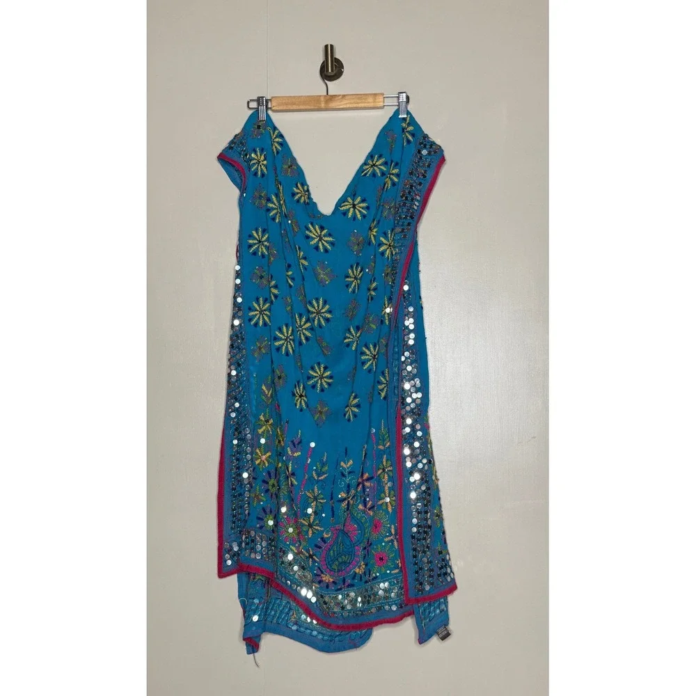 Raji Handmade India Silk Embroidered Mirror Work Shawl Wrap Boho 34x80